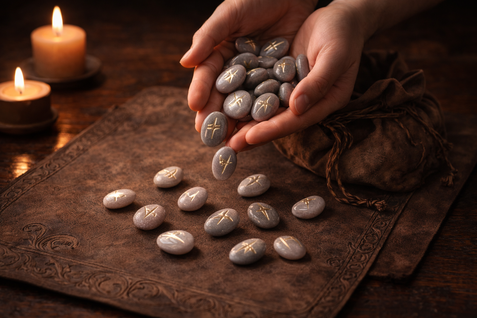 A calm mystical illustration of rune stones and gentle light