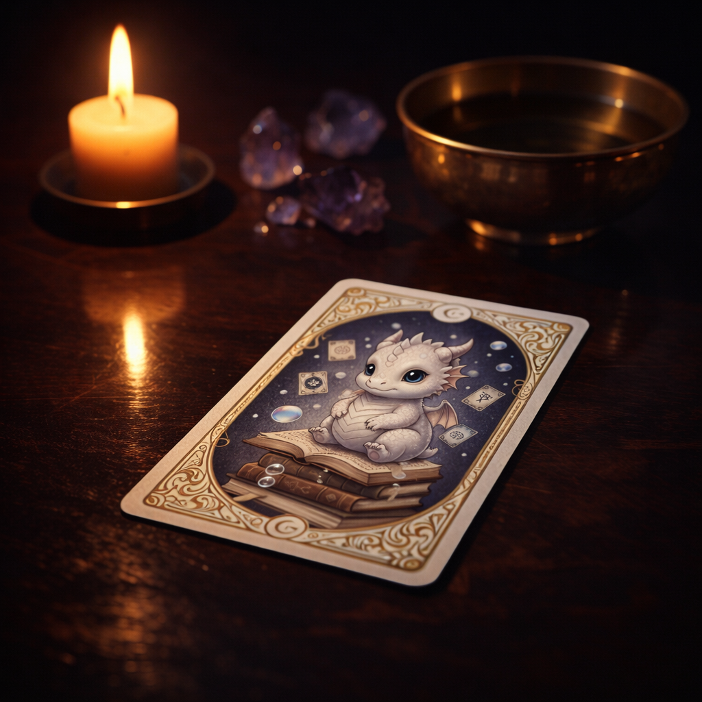 A tarot card face down on a table, with a lit candle, some amethyst stones and scrying bowl in the background