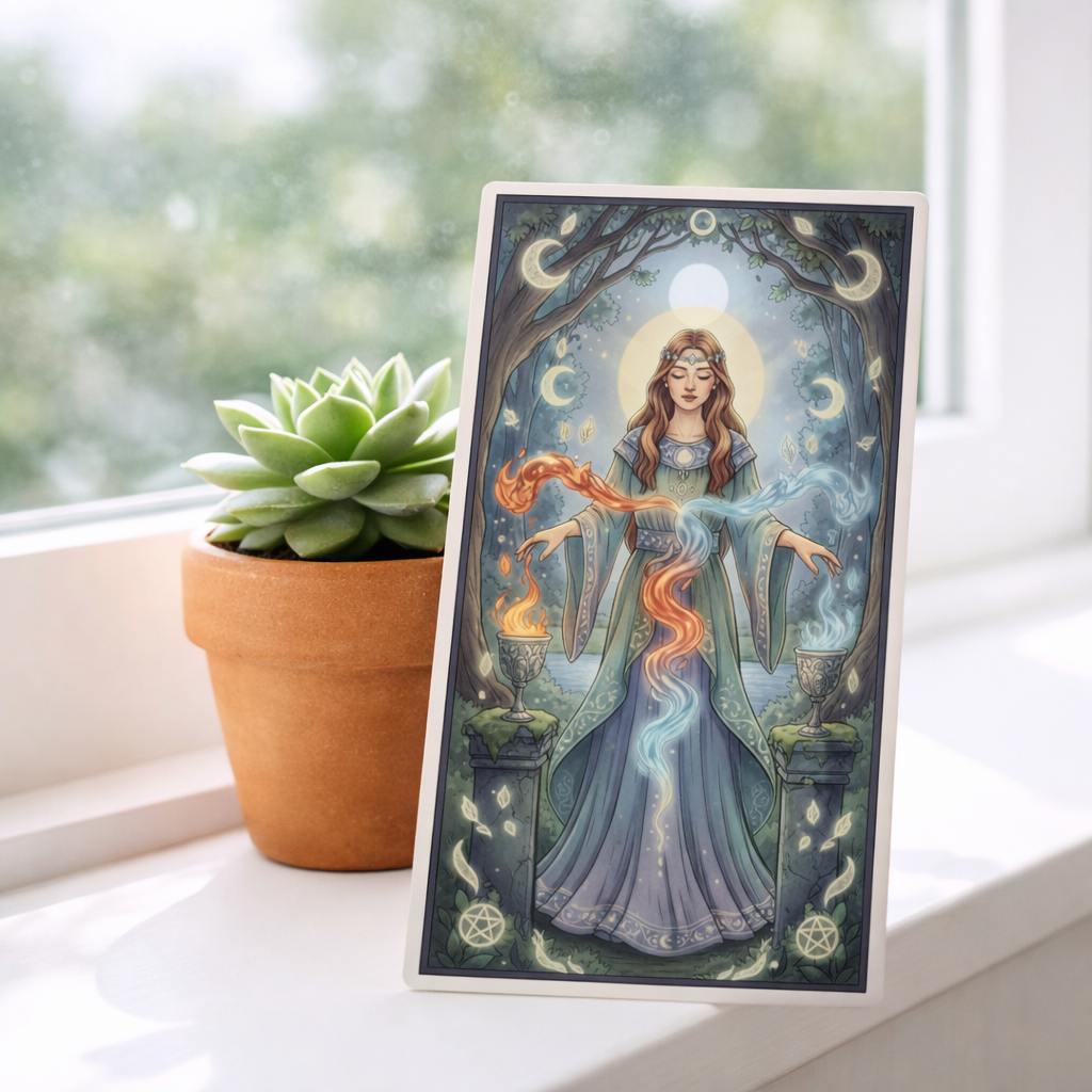 The temperance card propped up against a succulent in a windowsill